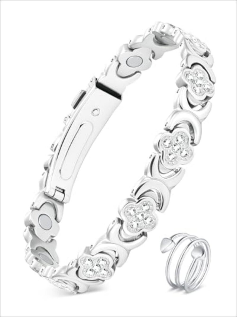 Pure Copper Magnetic Bracelet & Ring Set Adjustable Cubic Zirconia Clover